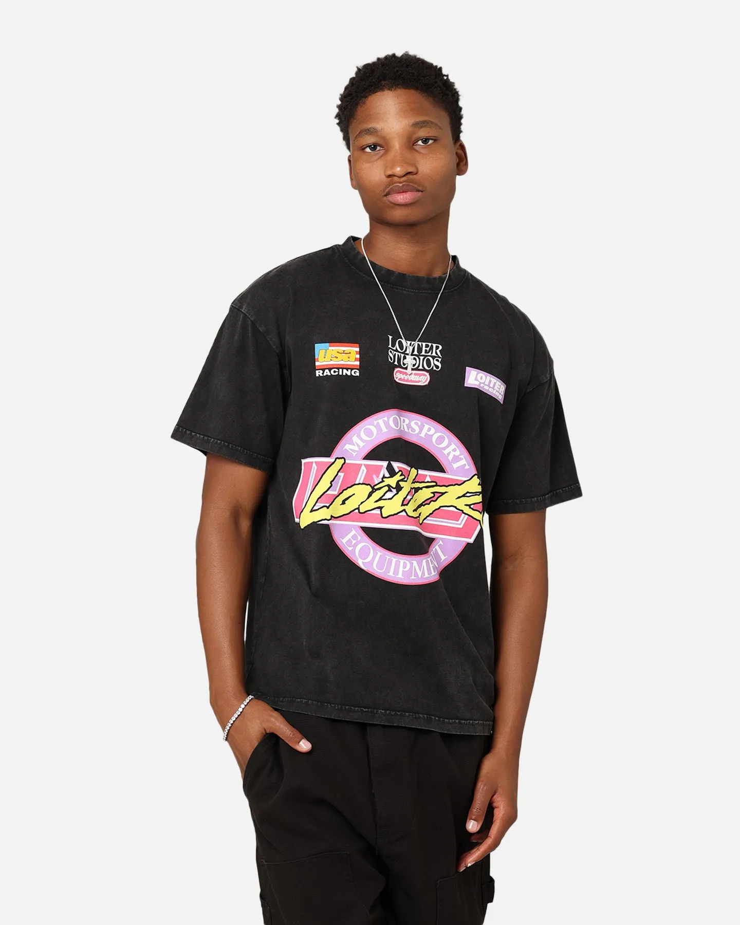 Sustainable production Street Trend Loiter Motorsport T-Shirt Black Acid Wash