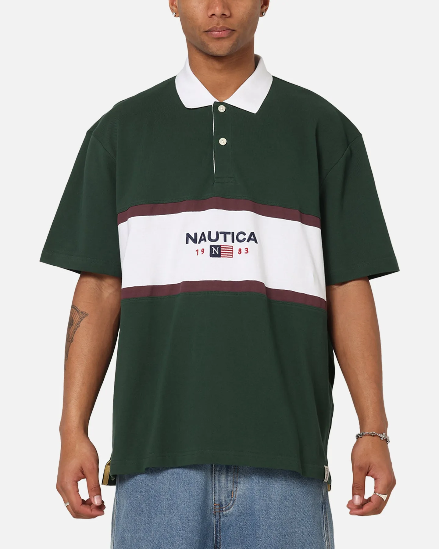DoubleLayered Hem Binding Everyday Layers Nautica 83-Flag Block Polo T-Shirt Green/White