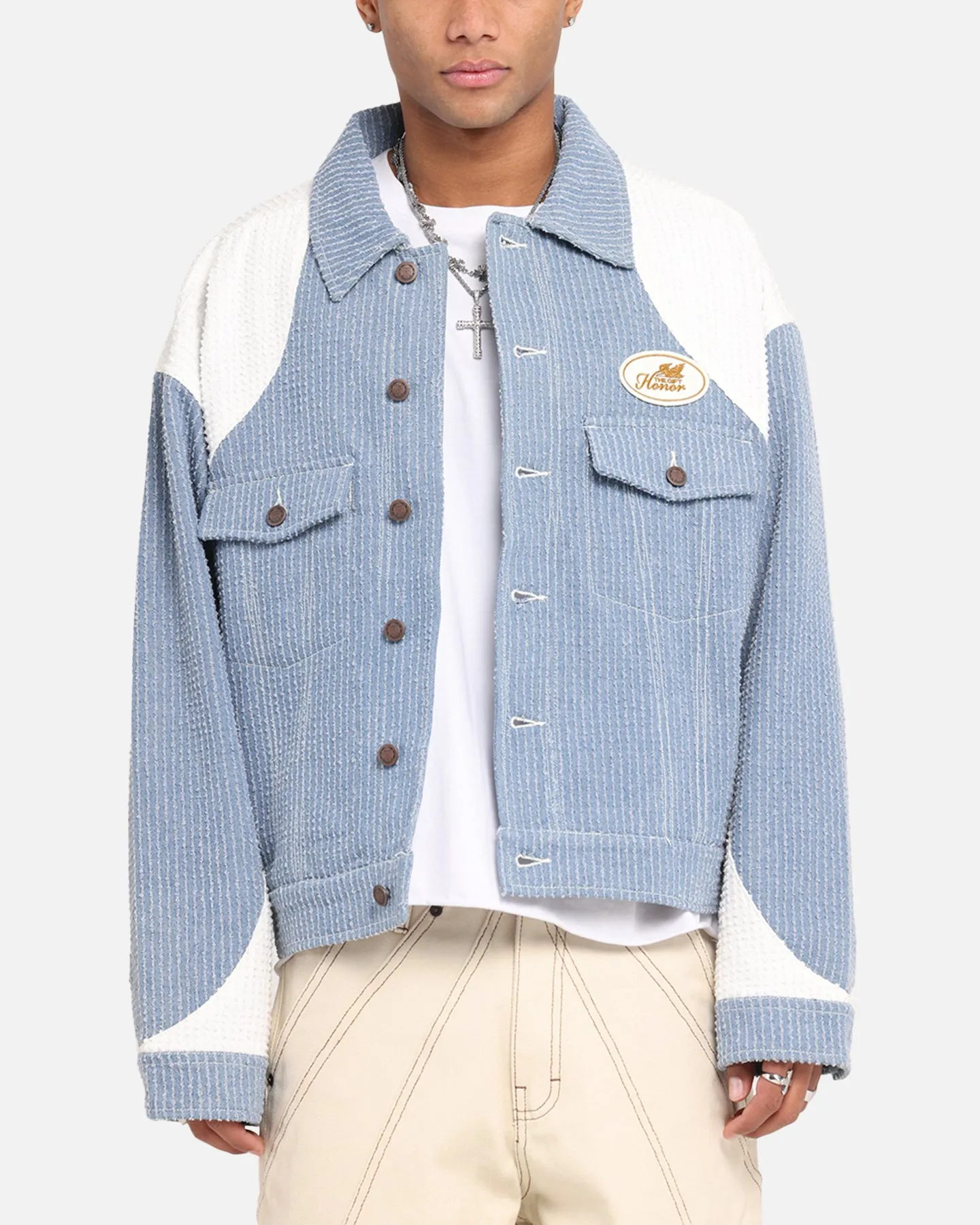 Honor The Gift Color Blocked Trucker Jacket Indigo Weekend Fit NoiseReduced Closure System