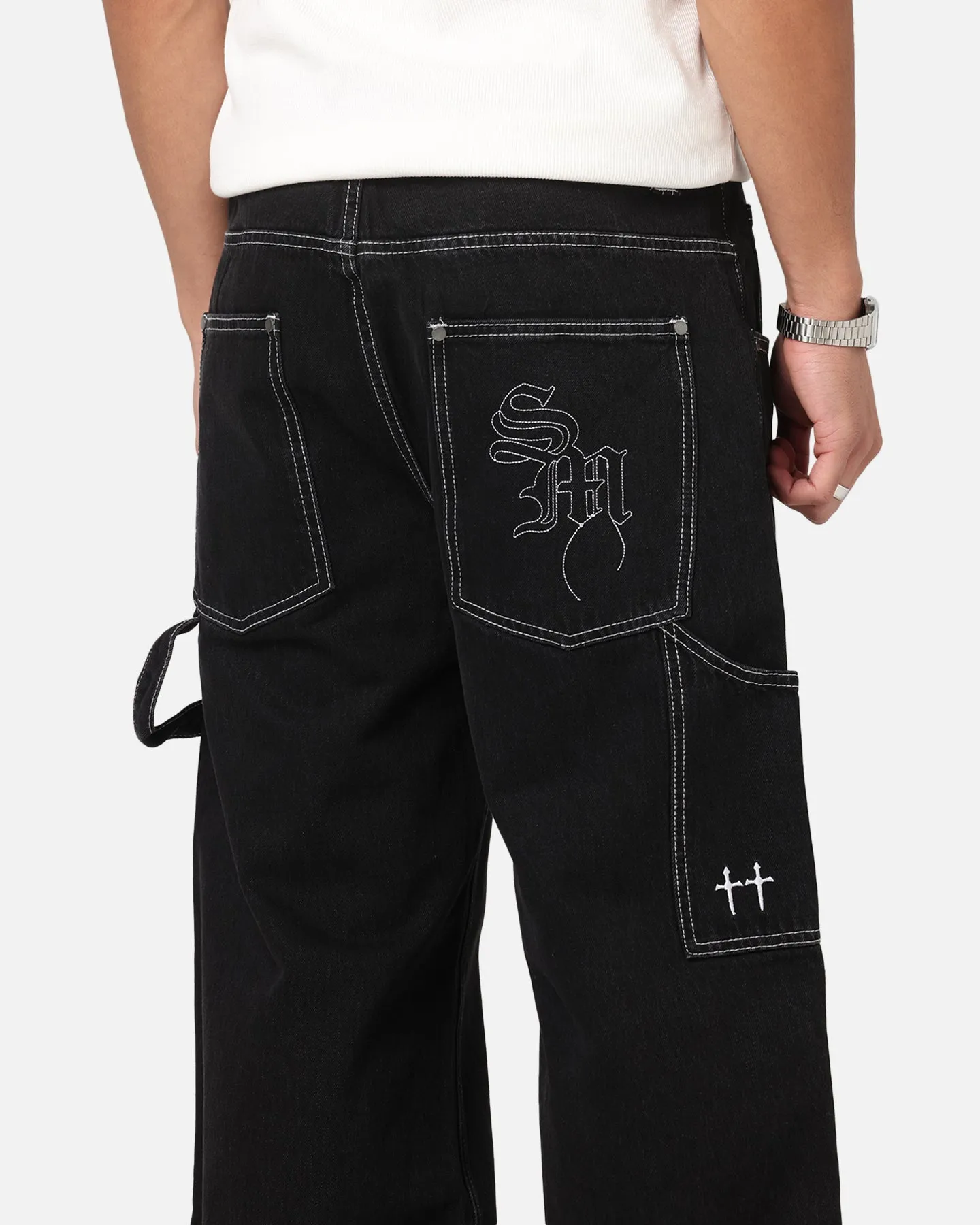smooth zipper Saint Morta Amplus Fray Carpenter Jeans Contrast Black
