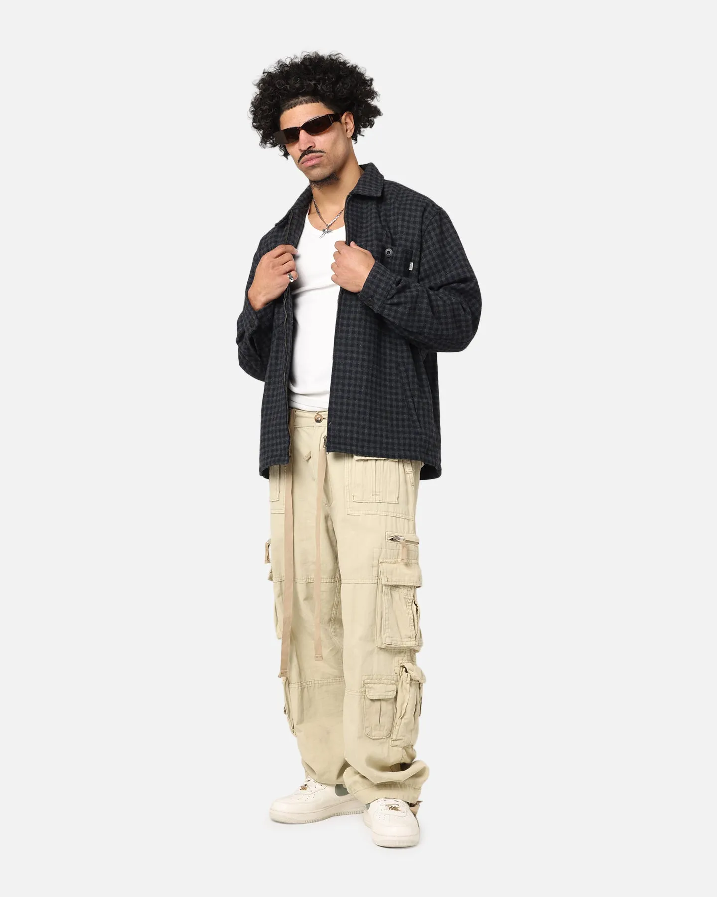 suitable for cosplay S Double Plaid Zip Through Long Sleeve Shirt Brown