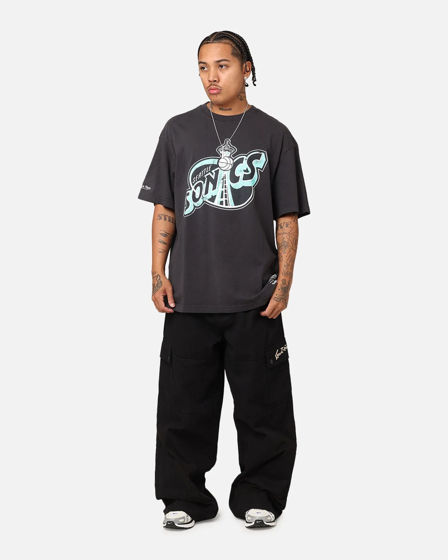 Mitchell & Ness Seattle Sonics Ice Blue Logo T-Shirt Faded Black Microfiber Blend Chic Vibe