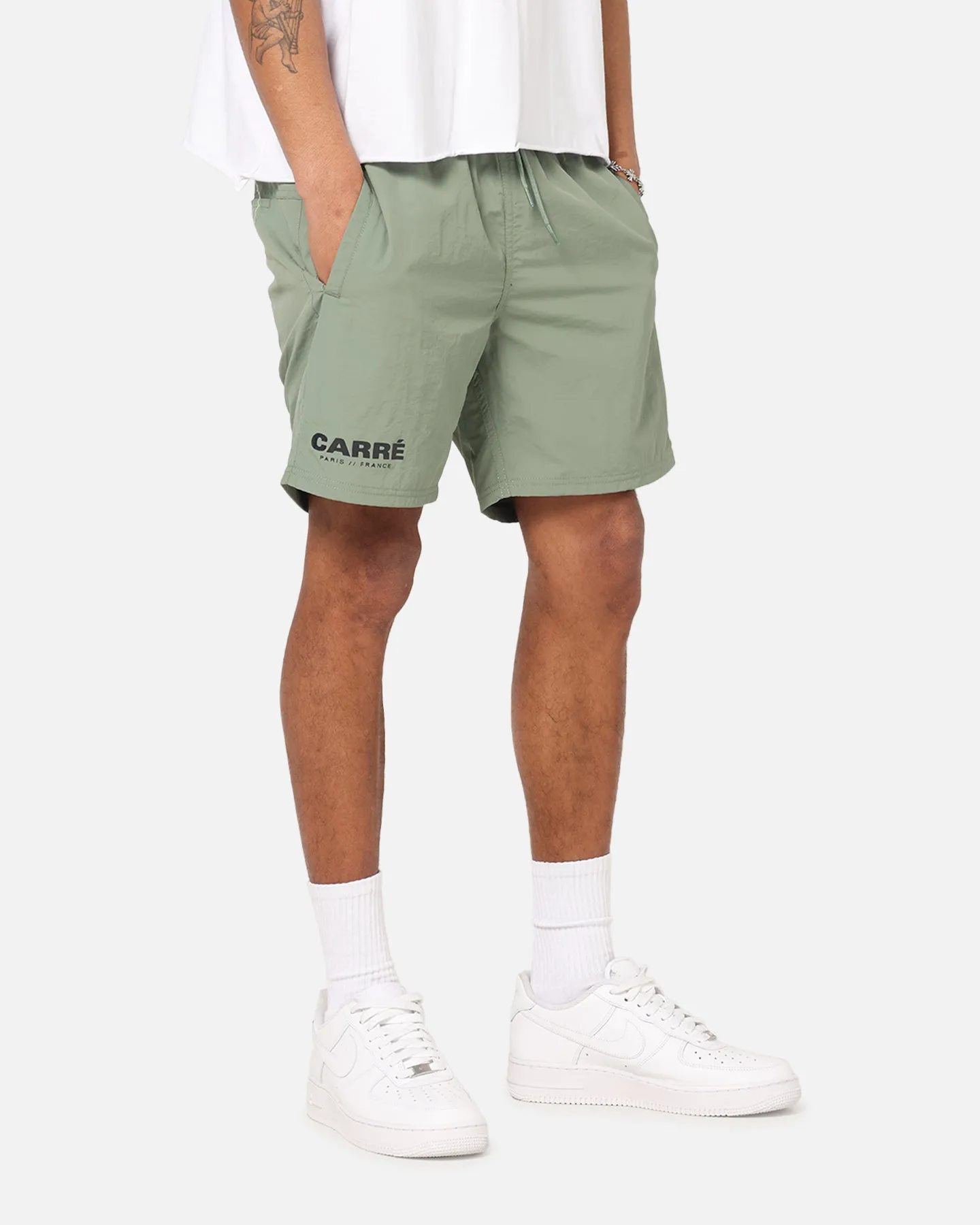 Carre Motion Beach Shorts Khaki Mid - rise Elastic Fit