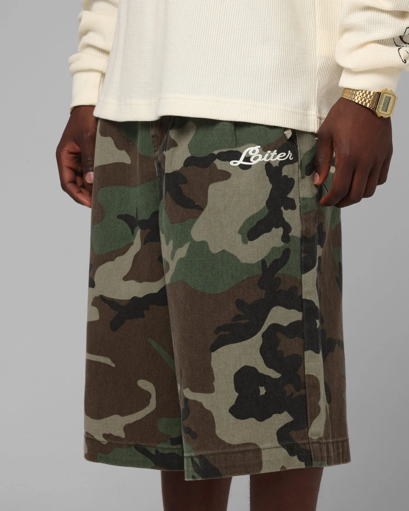 Quick Access Zippers Breath Flex Loiter 3 Quarter Shorts Woodland Camo