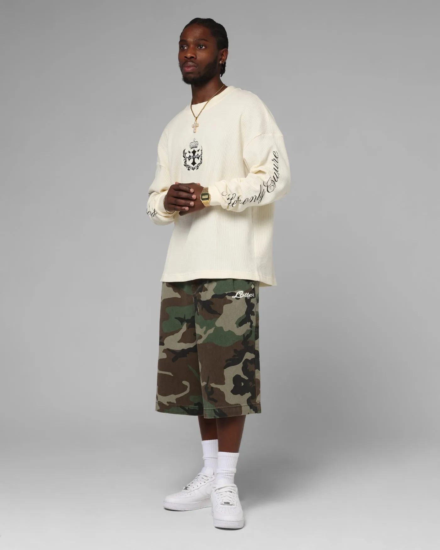 Loiter 3 Quarter Shorts Woodland Camo Office Appropriate Tapered Leg Design