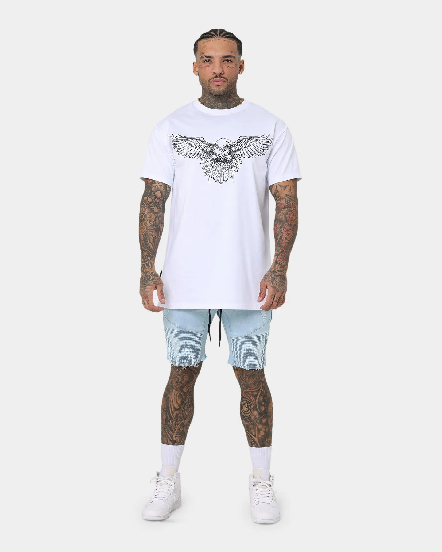 Saint Morta United Distressed Biker Shorts Light Blue Chill Design