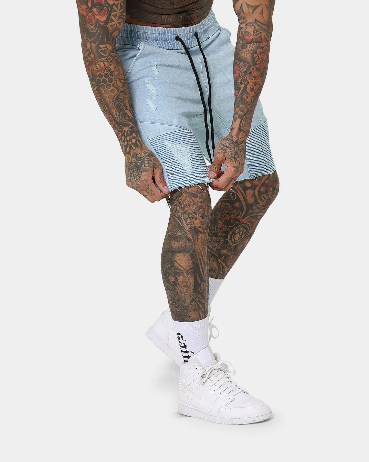 Saint Morta United Distressed Biker Shorts Light Blue t shirt