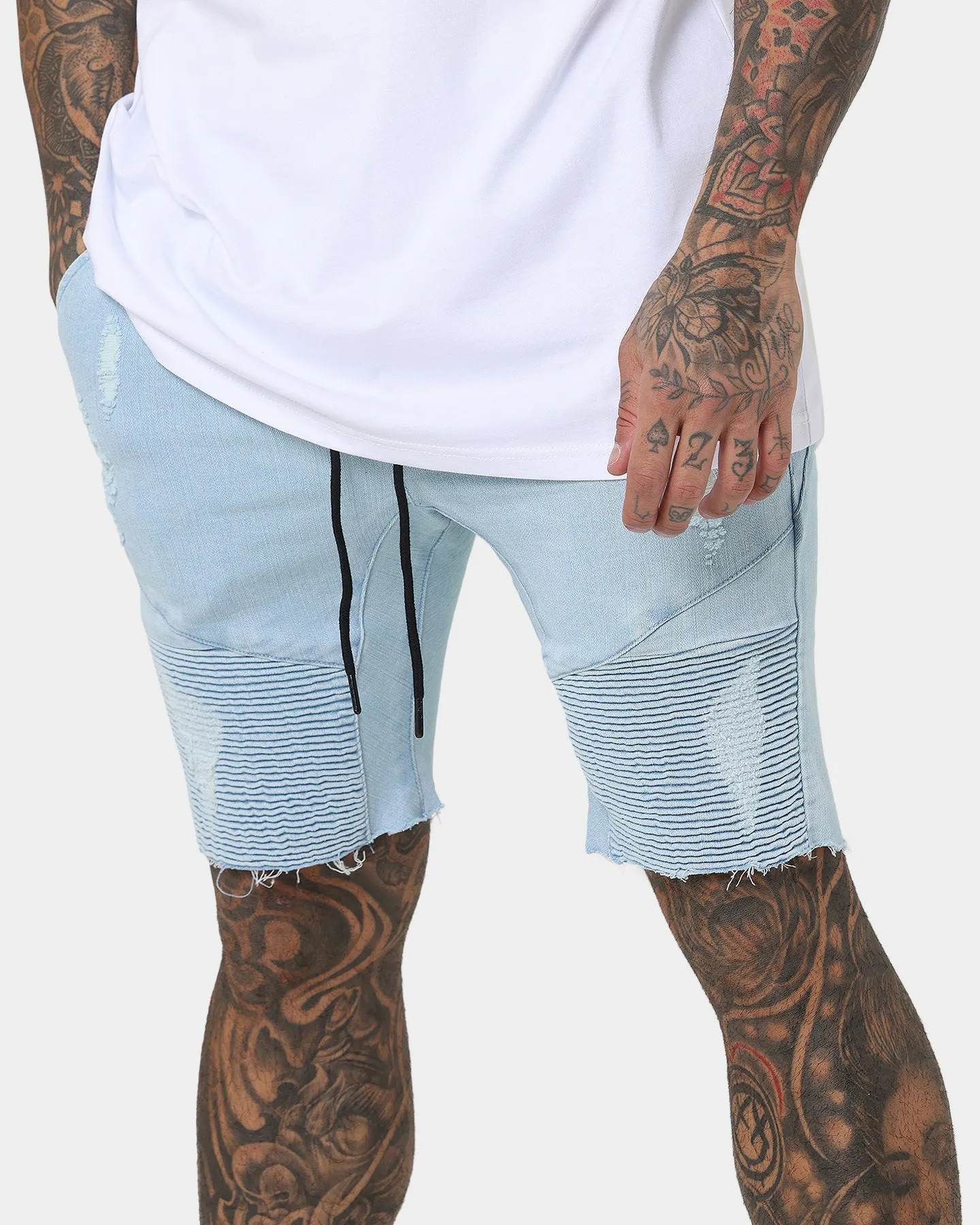 Saint Morta United Distressed Biker Shorts Light Blue Street Chic Non Restrictive Movement
