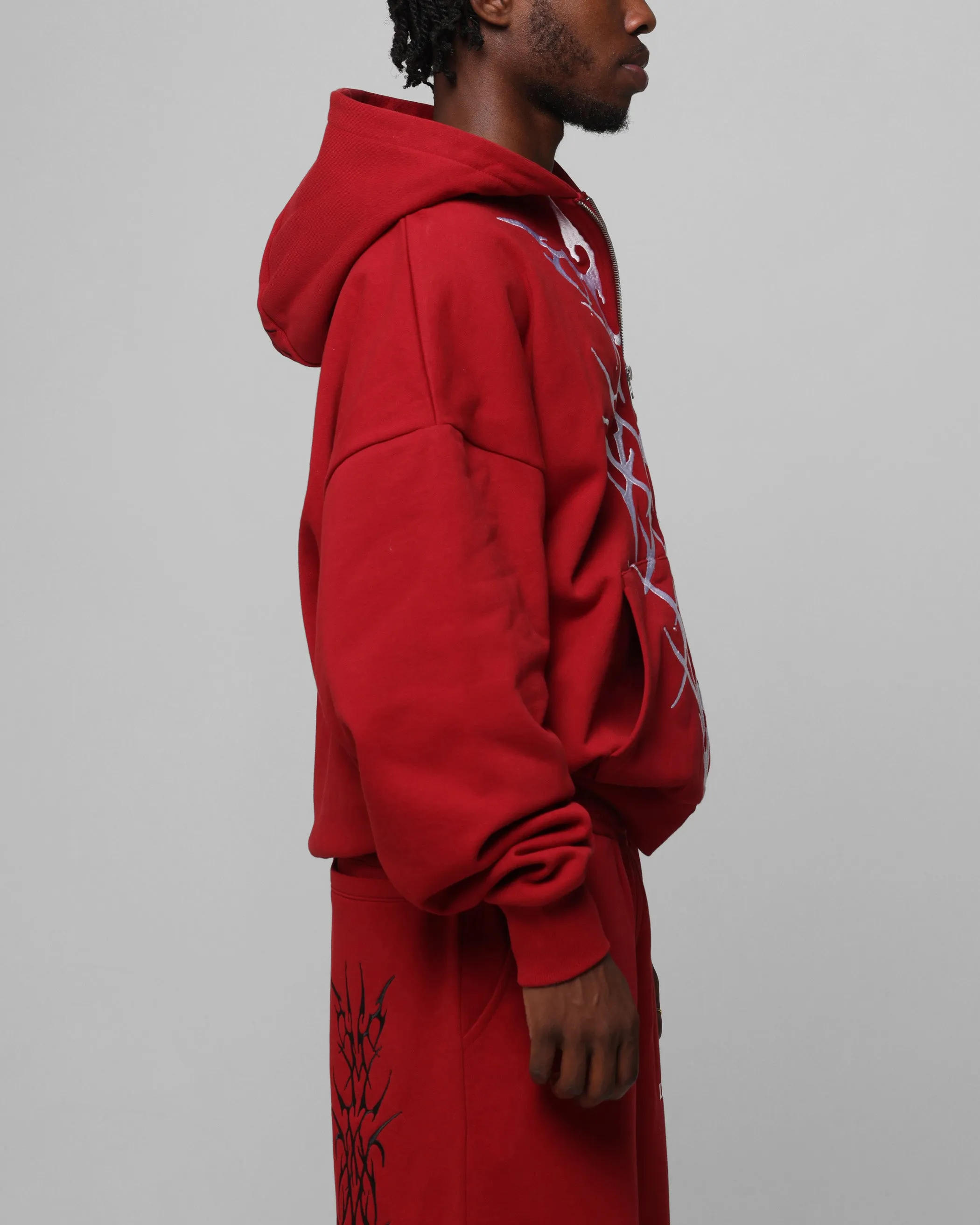 Street Fit Style Adjustable Hood Loiter Blood Born Zip Hoodie Burgandy