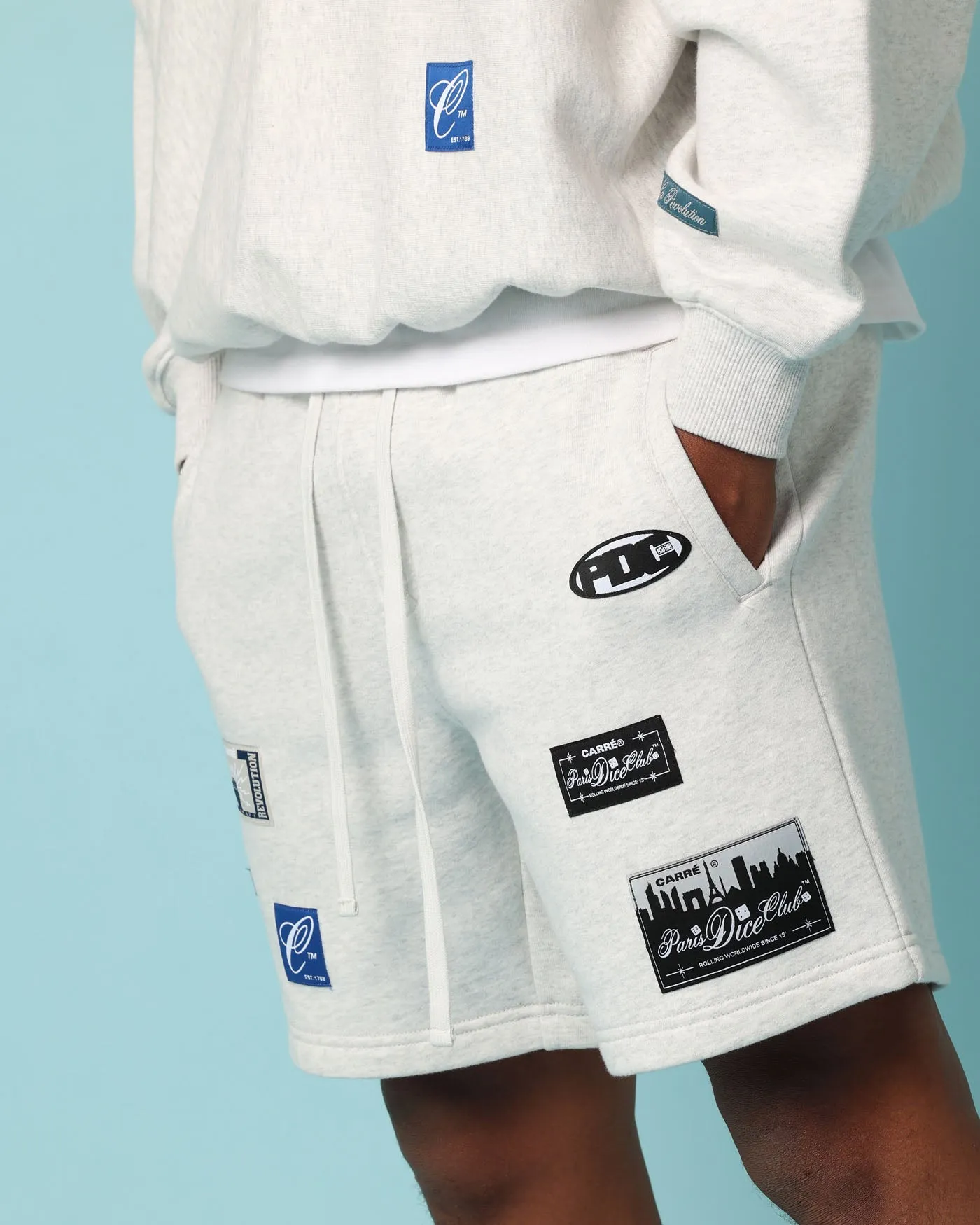Breathable Side Vents Wide Leg Opening Carr?? Patchwork Sweat Shorts Grey Marle
