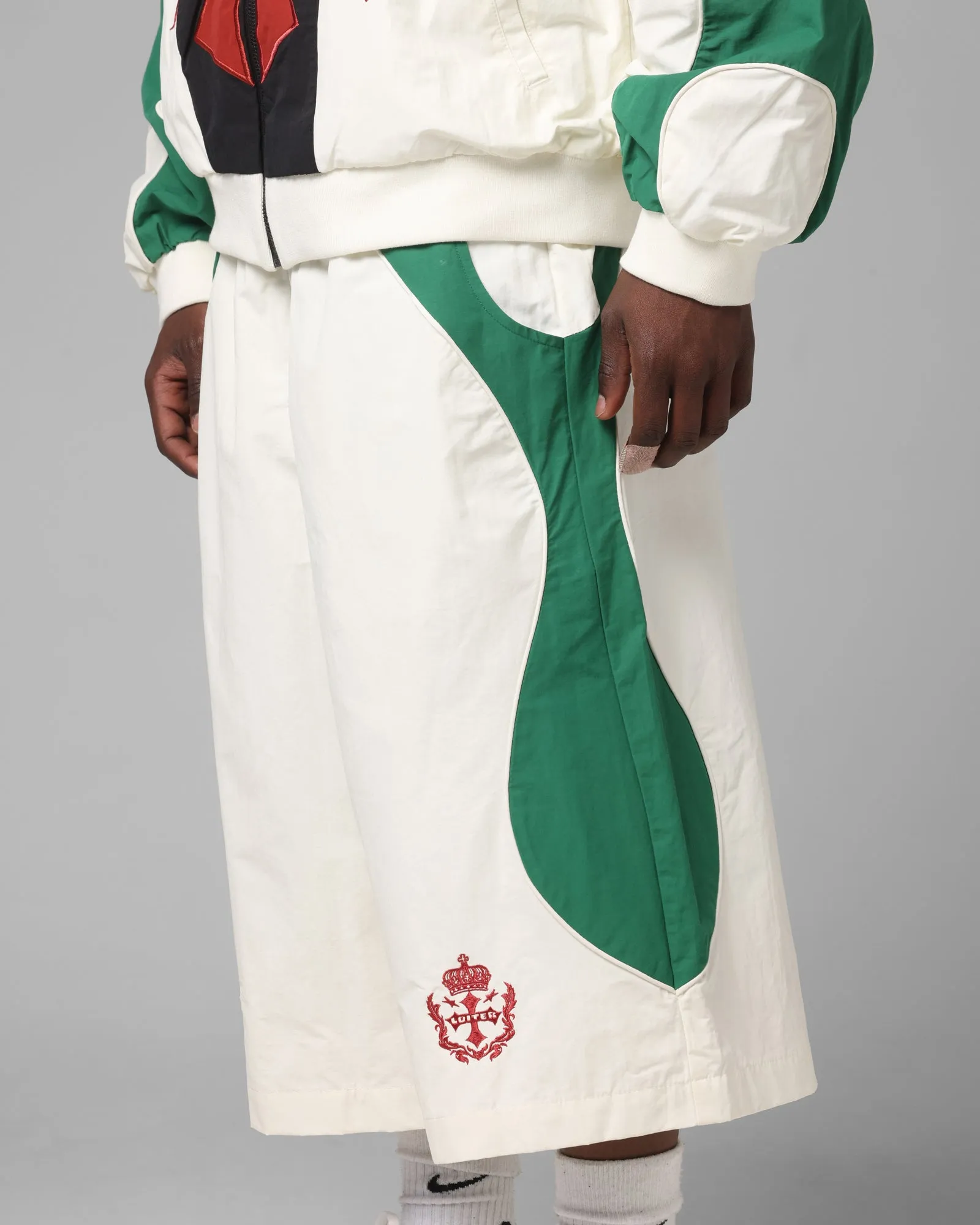 Loiter Club Classic Track Shorts White/Green Stretch Panels Basic Style
