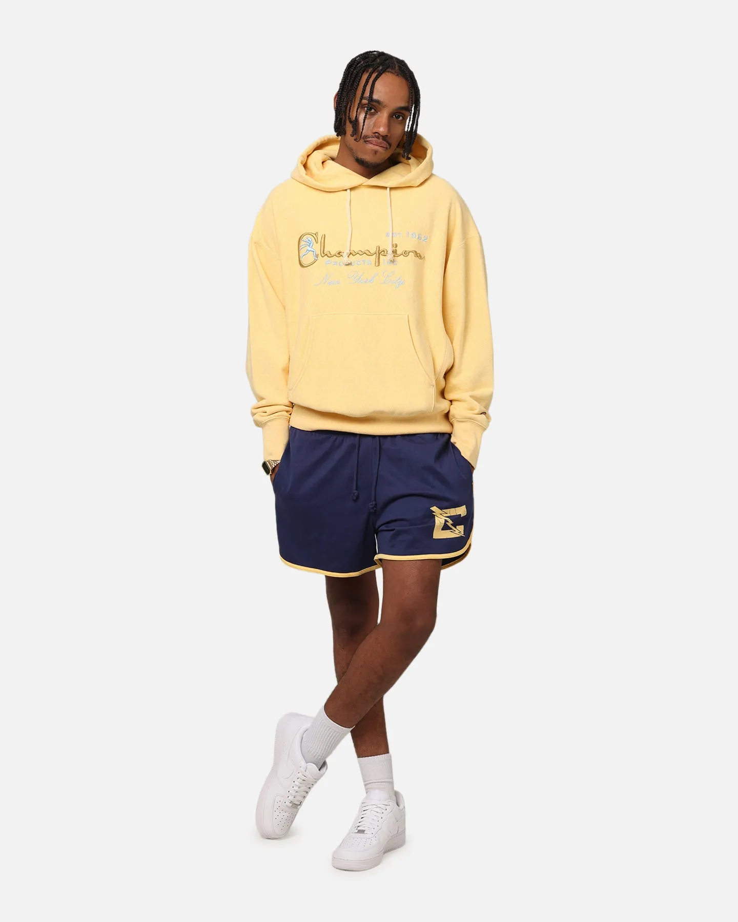 Champion Vintage Logo Sweatshirt Hoodie Yellow Multi Panel Construction