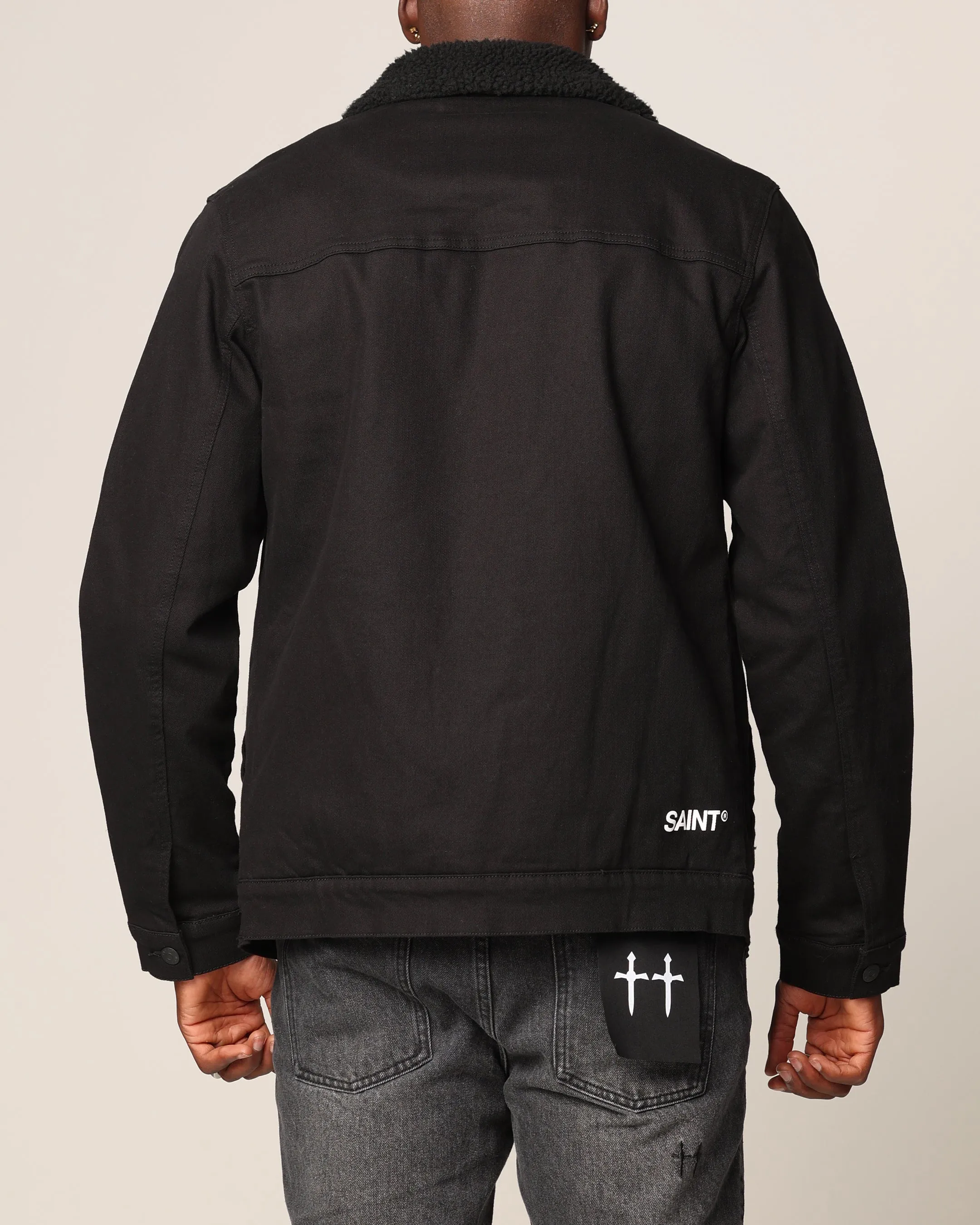 Saint Morta Sherpa Denim Jacket Black/Black Durable Build Unstructured Shoulder Cut