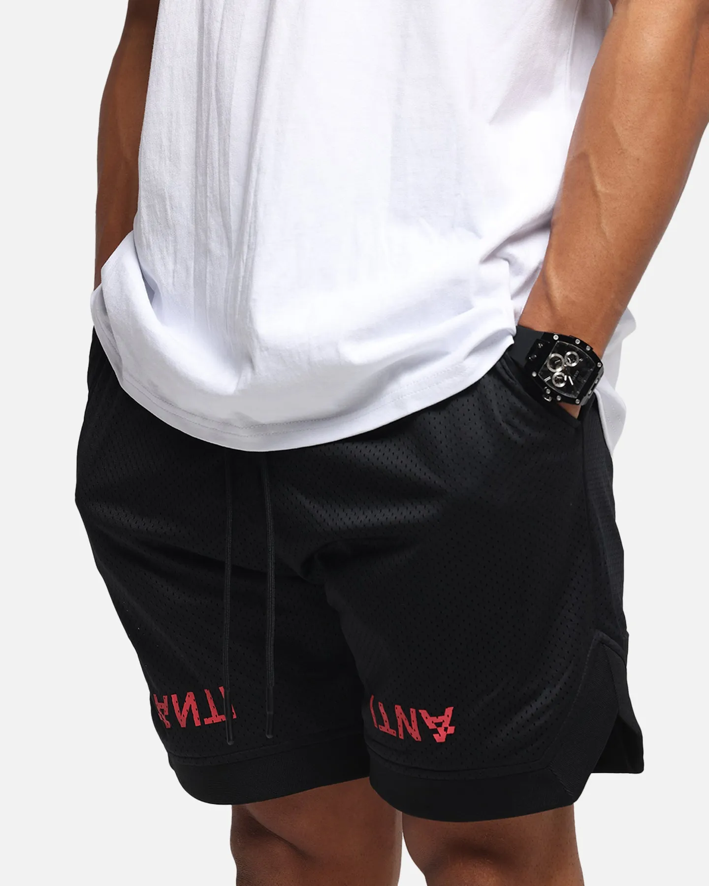 Microfiber Blend Fabric The Anti Order Post Season Basketball Shorts Black/Red