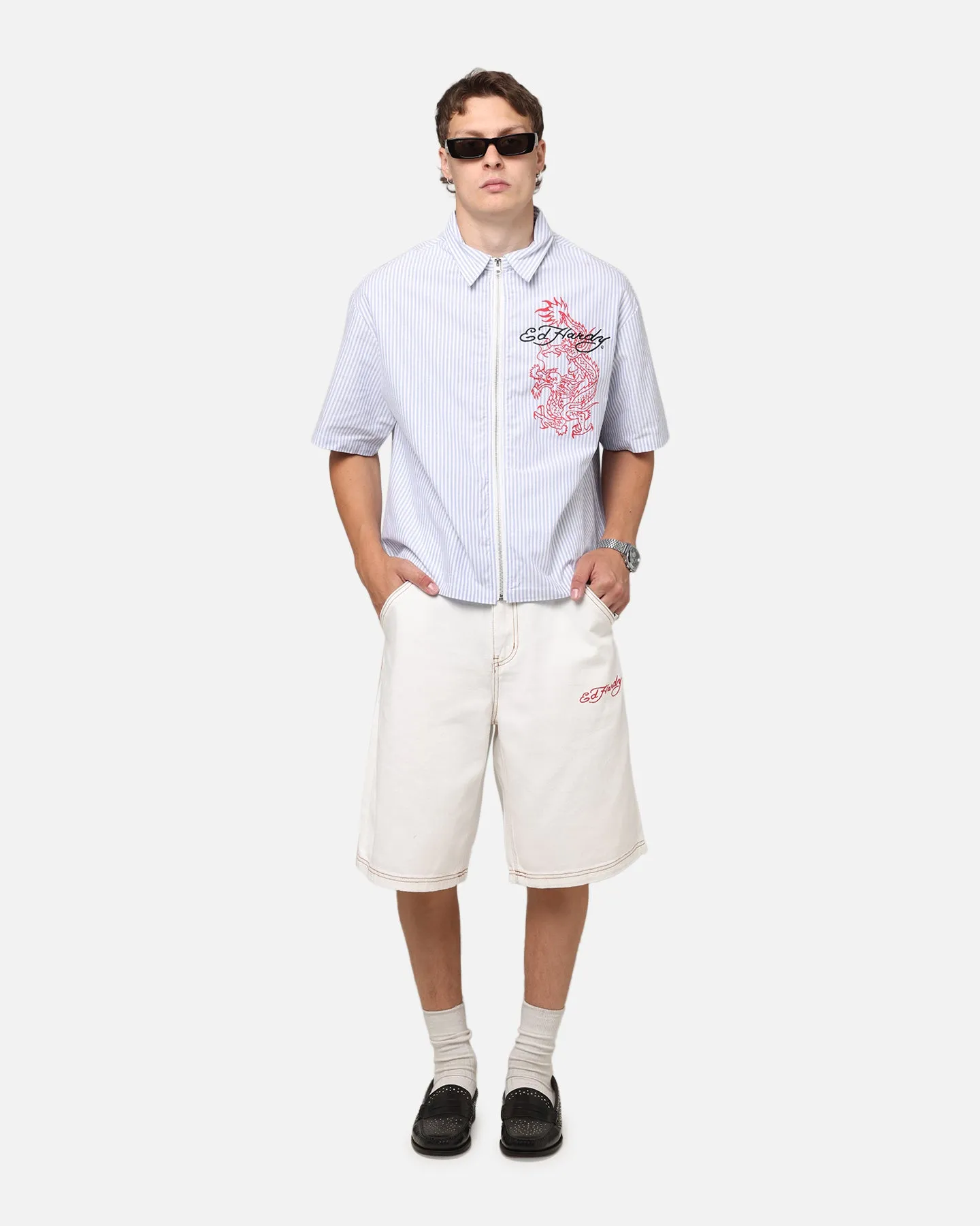 Ed Hardy Tiger Jorts Off White Reflective Trim Options
