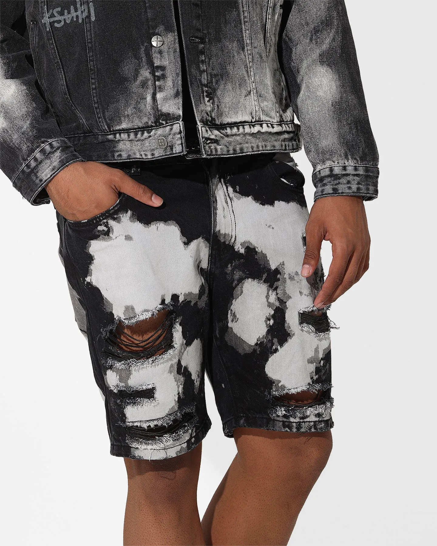 Saint Morta Splat Destroyer Denim Shorts Black/Grey Non Cling Material