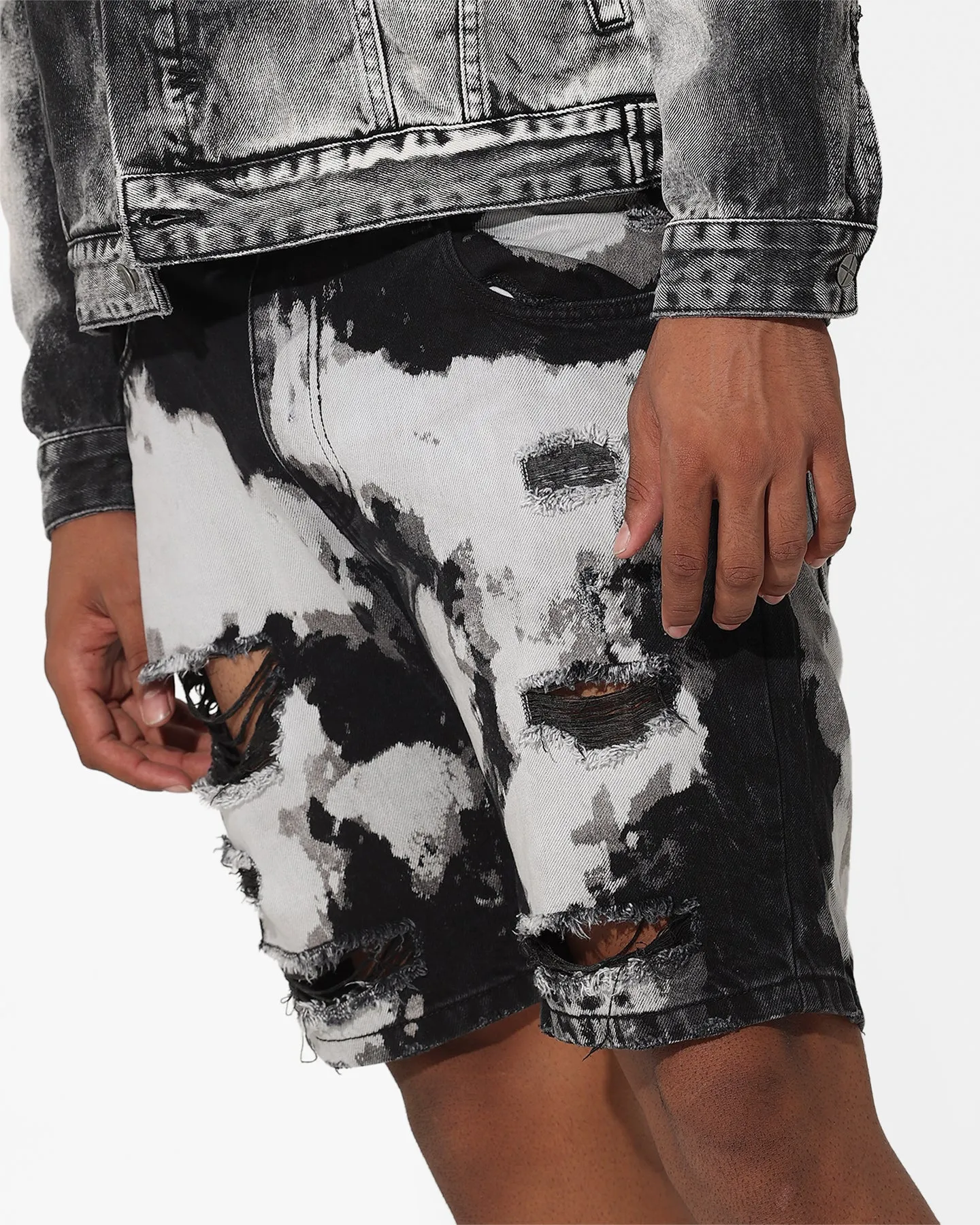 Saint Morta Splat Destroyer Denim Shorts Black/Grey rhinestone accents Active Comfort