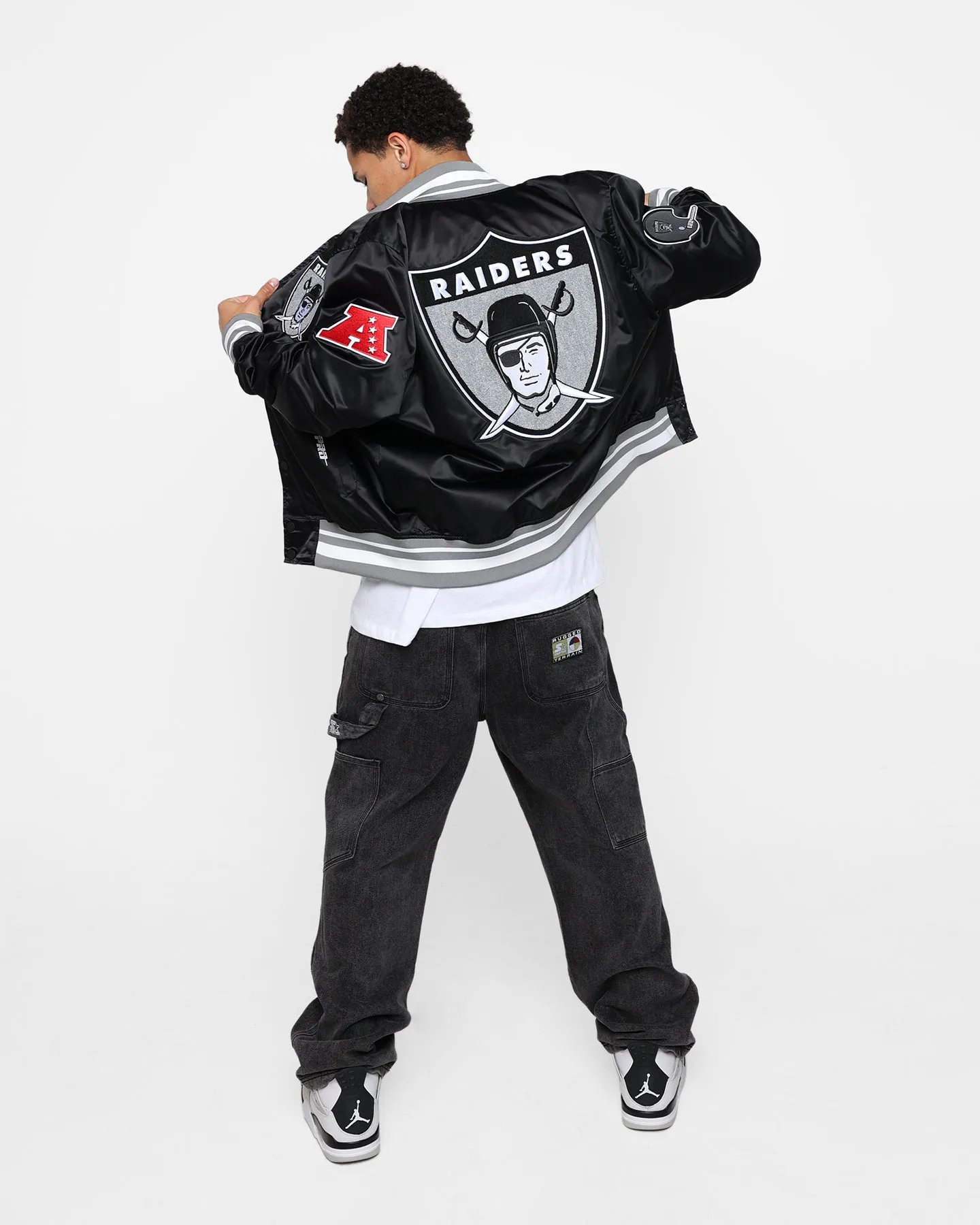 Pro Standard Las Vegas Raiders Satin Varsity Jacket Black/Grey Insulated Shield Weekend Wear