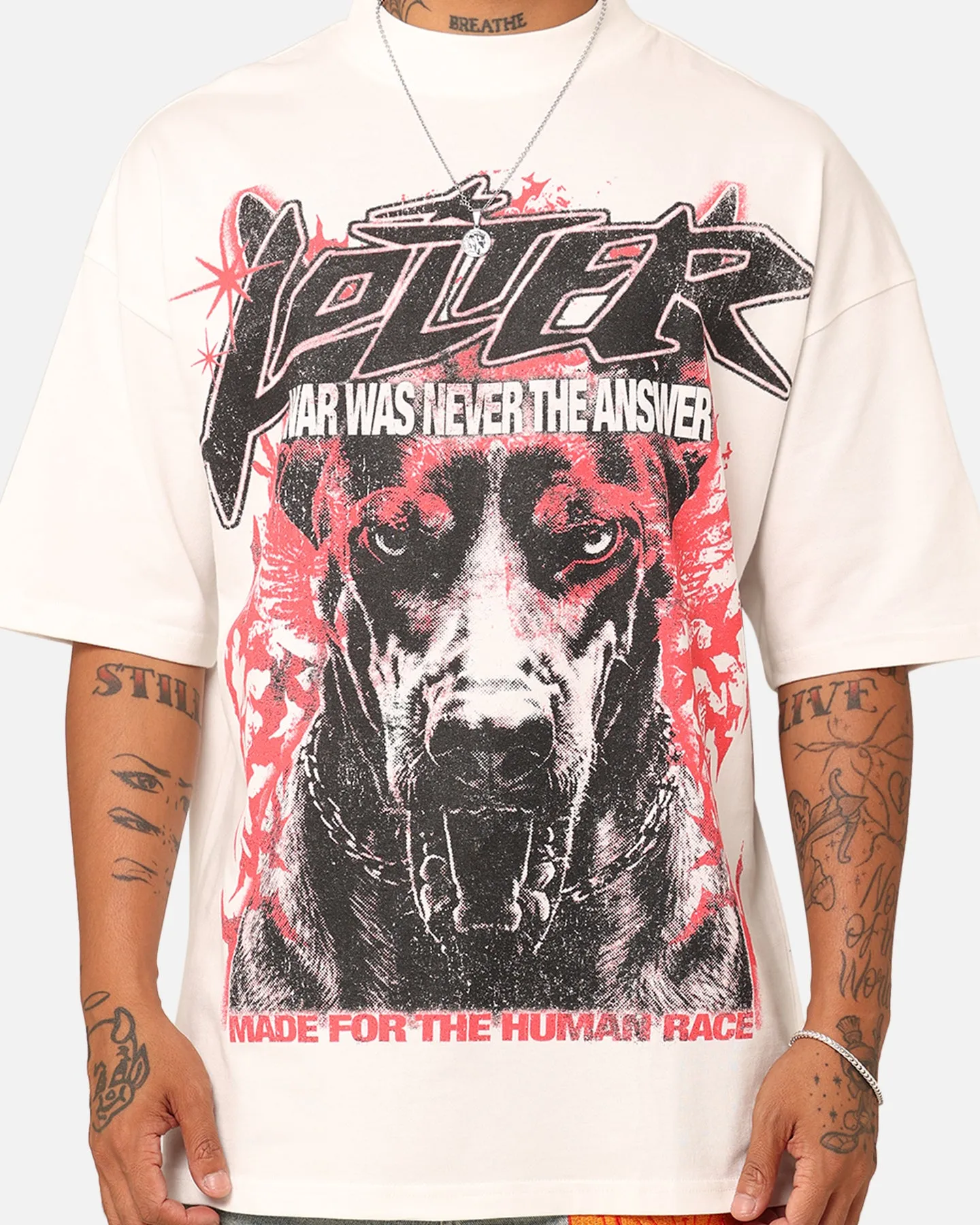 Ribbed Neckline Stylish and Cozy Loiter Dog Tag Oversized T-Shirt Off White