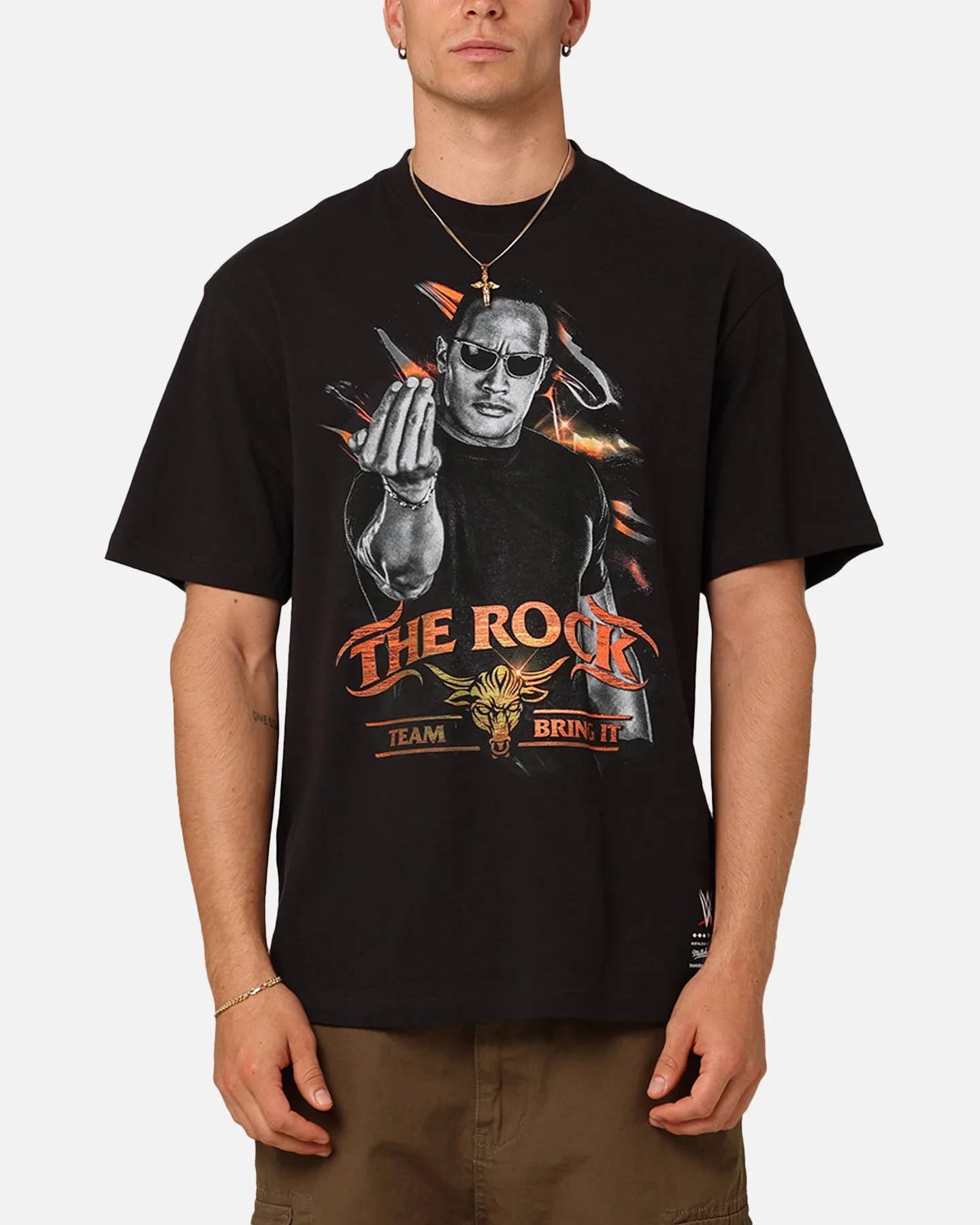 safe for skin Heather Texture Finish Mitchell & Ness X WWE Dwayne "The Rock" Johnson Team Bring It T-Shirt Overdyed Black