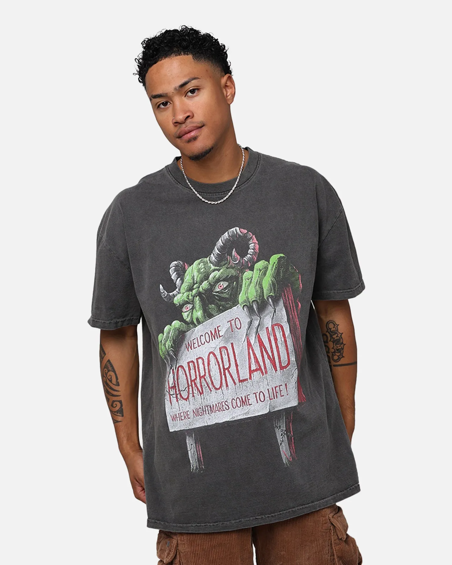 Layered Sleeve Stylish Casual American Thrift X Goosebumps Horrorland Heavyweight T-Shirt Black Wash