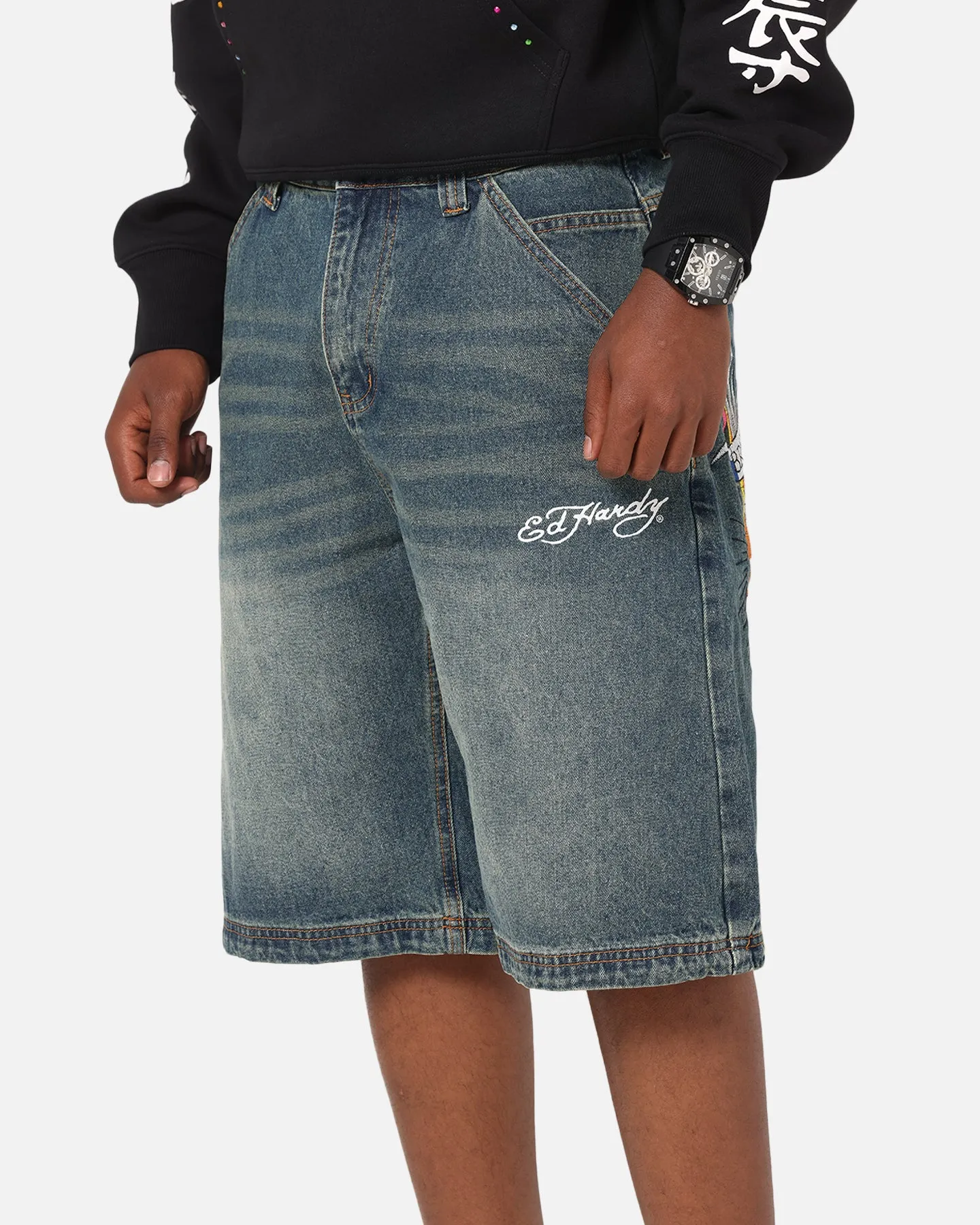 Ed Hardy Brave Hearts Jorts Washed Indigo Gentle On Skin