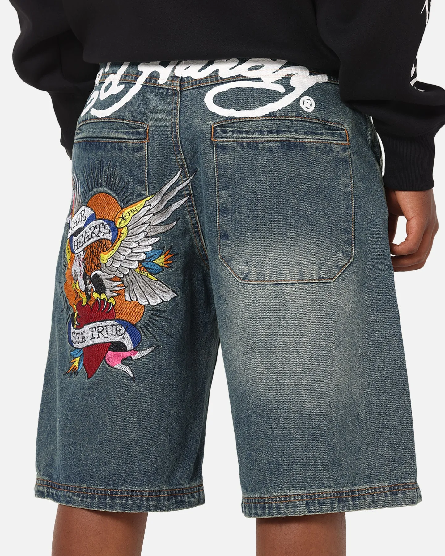 Ed Hardy Brave Hearts Jorts Washed Indigo Underwear Compression Lining